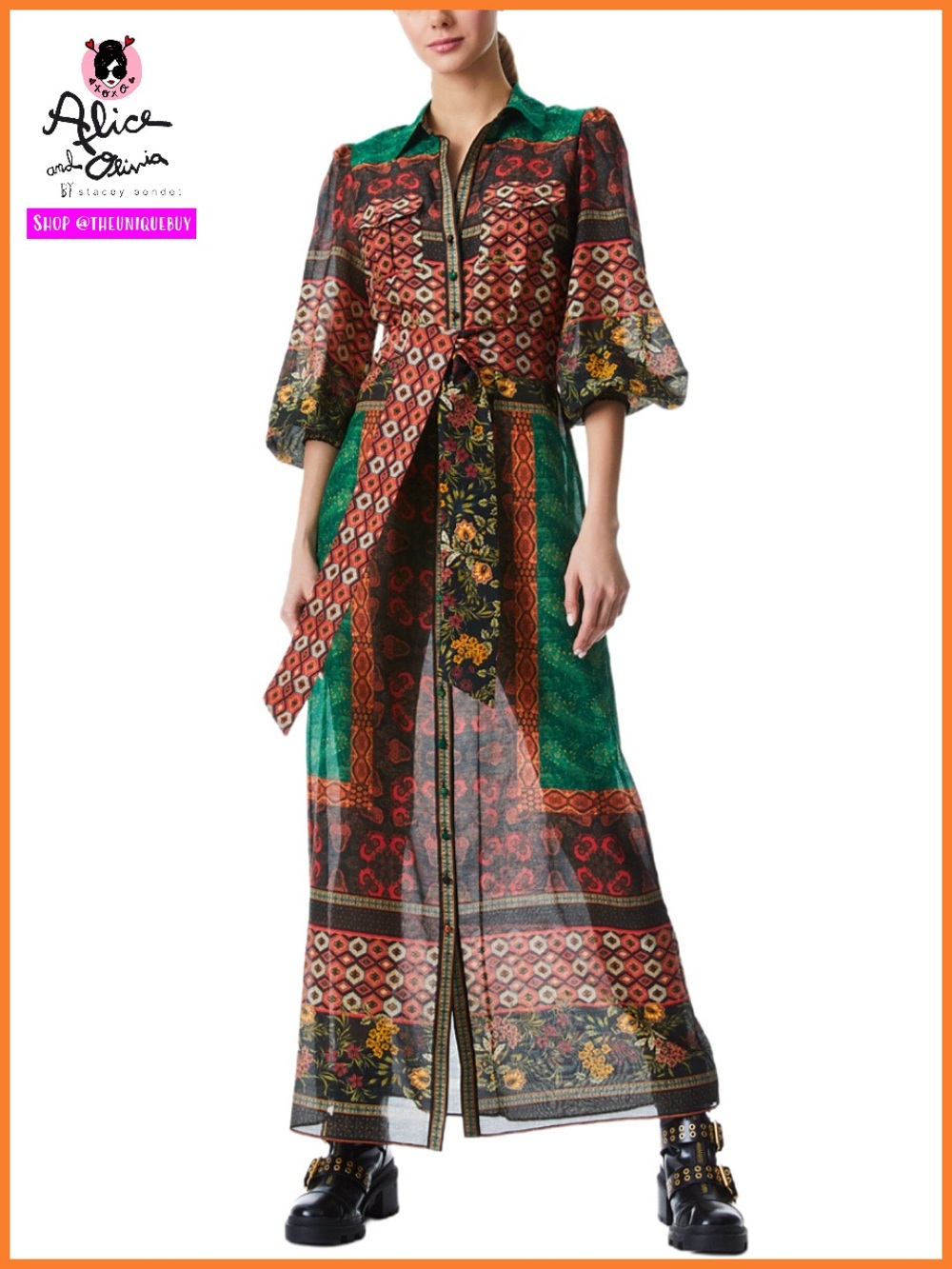 Alice + Olivia Beverly Silk Blend Button Front Boho Maxi Dress